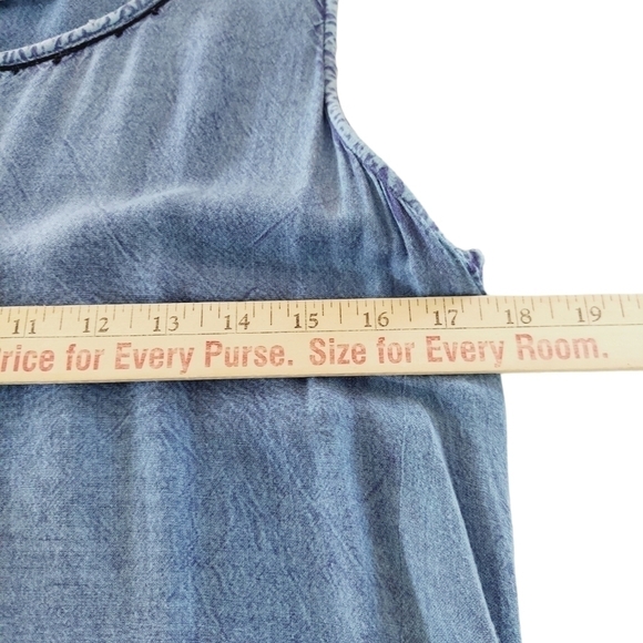 Chambray Denim Maxi Jumper Dress Womens Medium Embroidered Side Slits Tie Back - Picture 7 of 12